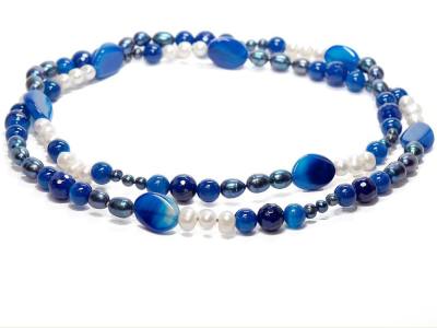 Perlenkette Achat blau weißEdelstein Kette Halskette 105 cm